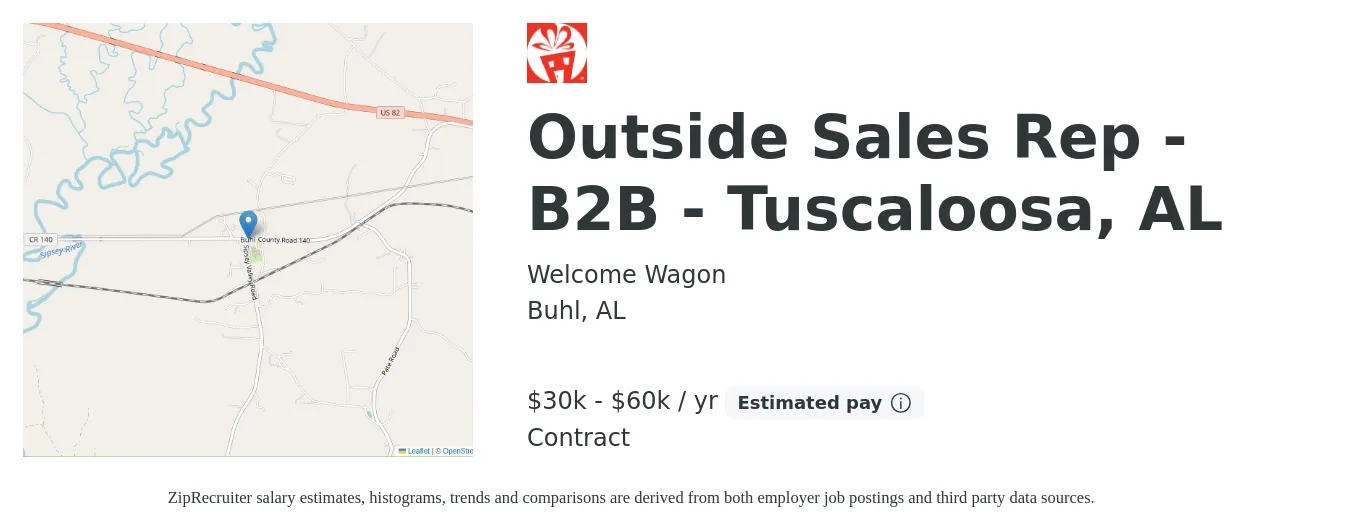 Welcome Wagon job posting for a Outside Sales Rep - B2B - Tuscaloosa, AL in Buhl, AL with a salary of $30,000 to $60,000 Yearly with a map of Buhl location.