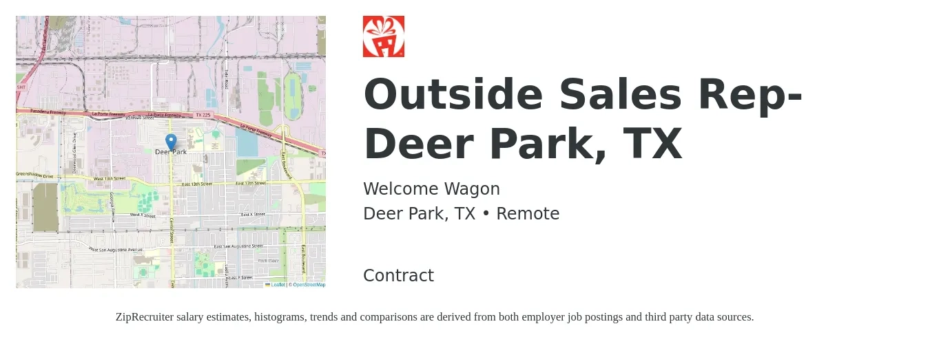 Welcome Wagon job posting for a Outside Sales Rep- Deer Park, TX in Deer Park, TX with a salary of $40,000 to $60,000 Yearly with a map of Deer Park location.