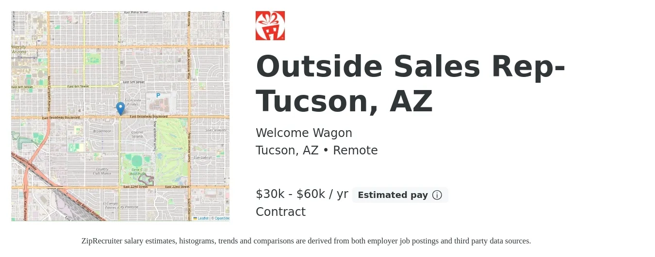 Welcome Wagon job posting for a Outside Sales Rep- Tucson, AZ in Tucson, AZ with a salary of $30,000 to $60,000 Yearly with a map of Tucson location.