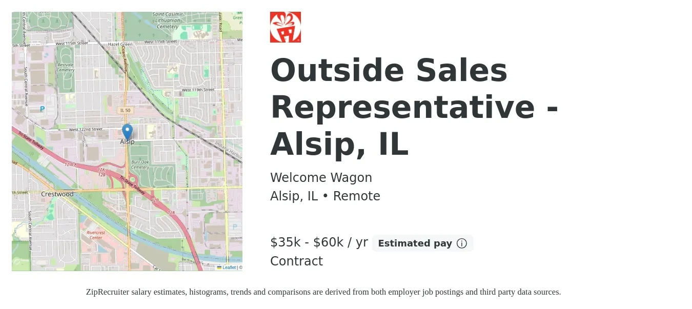 Welcome Wagon job posting for a Outside Sales Representative - Alsip, IL in Alsip, IL with a salary of $35,000 to $60,000 Yearly with a map of Alsip location.