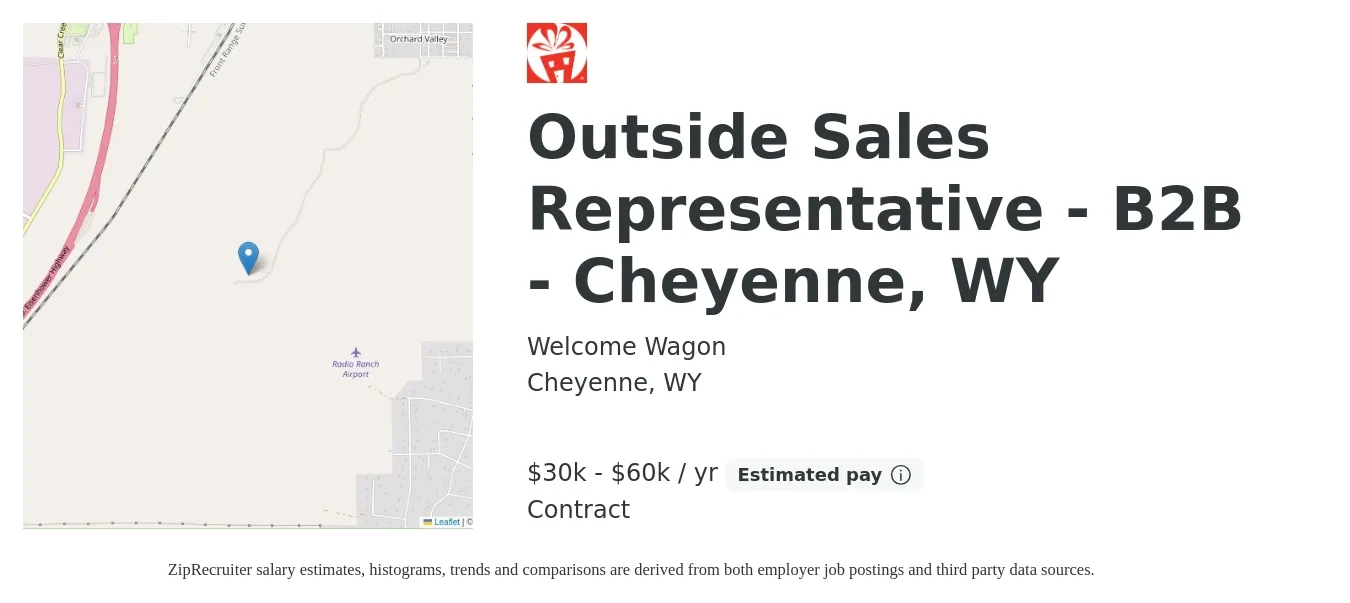 Welcome Wagon job posting for a Outside Sales Representative - B2B - Cheyenne, WY in Cheyenne, WY with a salary of $30,000 to $60,000 Yearly with a map of Cheyenne location.