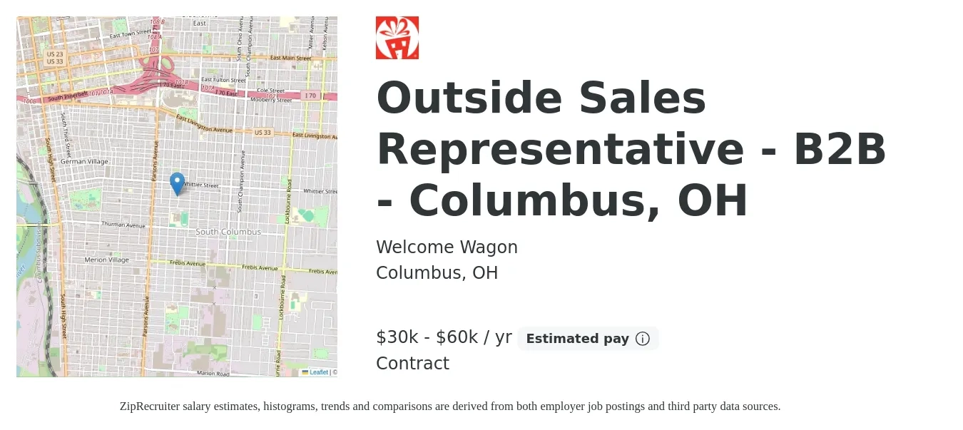 Welcome Wagon job posting for a Outside Sales Representative - B2B - Columbus, OH in Columbus, OH with a salary of $30,000 to $60,000 Yearly with a map of Columbus location.