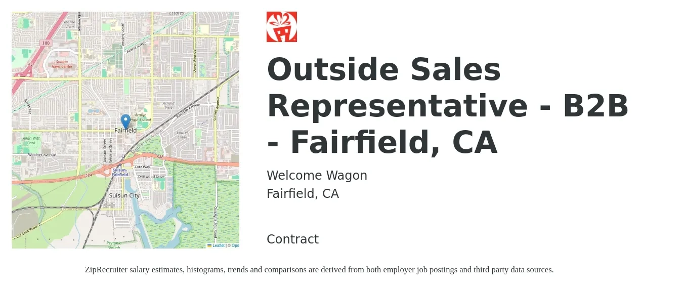 Welcome Wagon job posting for a Outside Sales Representative - B2B - Fairfield, CA in Fairfield, CA with a salary of $30,000 to $60,000 Yearly with a map of Fairfield location.