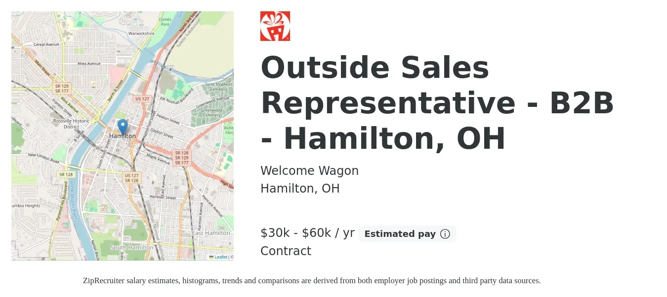 Welcome Wagon job posting for a Outside Sales Representative - B2B - Hamilton, OH in Hamilton, OH with a salary of $30,000 to $60,000 Yearly with a map of Hamilton location.