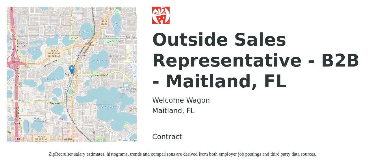 Welcome Wagon job posting for a Outside Sales Representative - B2B - Maitland, FL in Maitland, FL with a salary of $48,800 to $83,600 Yearly with a map of Maitland location.