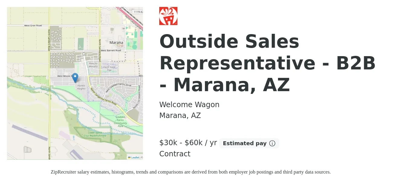 Welcome Wagon job posting for a Outside Sales Representative - B2B - Marana, AZ in Marana, AZ with a salary of $30,000 to $60,000 Yearly with a map of Marana location.