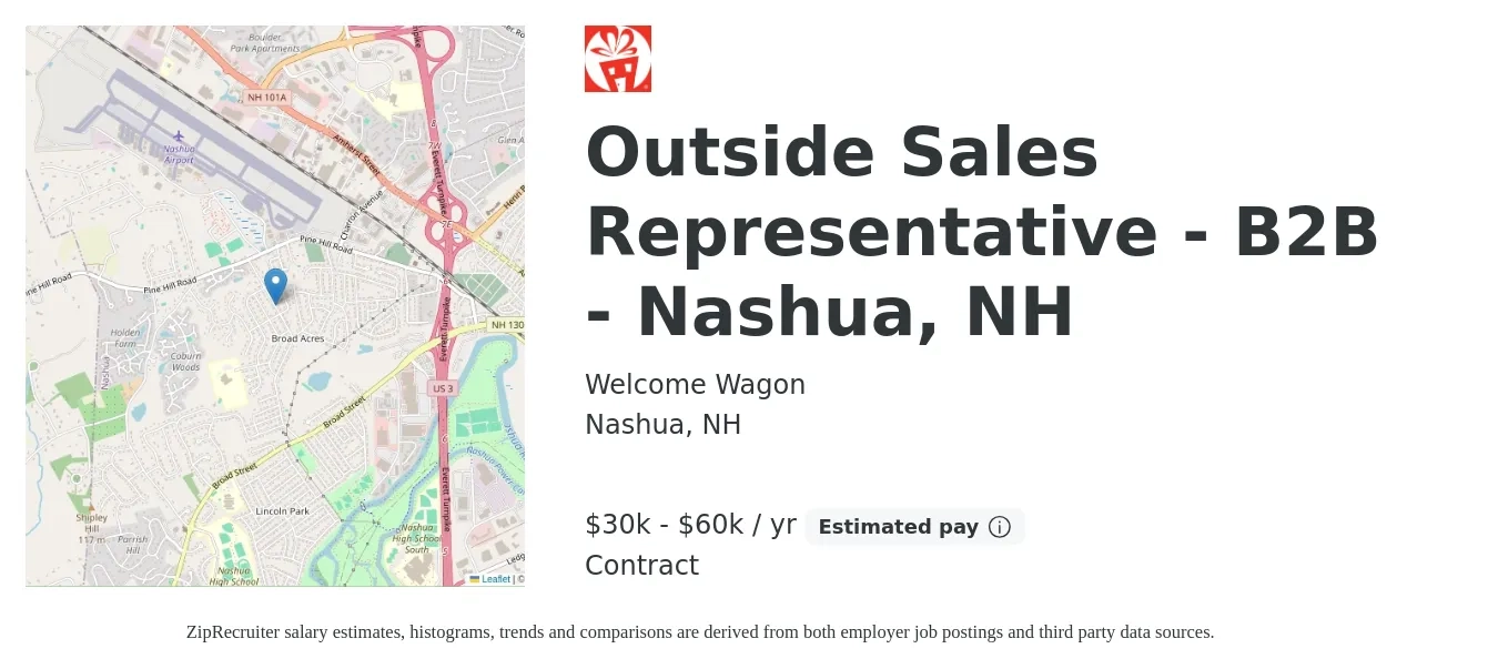Welcome Wagon job posting for a Outside Sales Representative - B2B - Nashua, NH in Nashua, NH with a salary of $30,000 to $60,000 Yearly with a map of Nashua location.
