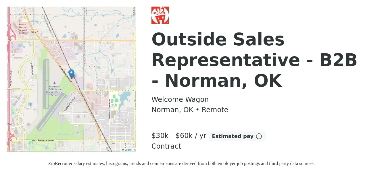 Welcome Wagon job posting for a Outside Sales Representative - B2B - Norman, OK in Norman, OK with a salary of $30,000 to $60,000 Yearly with a map of Norman location.