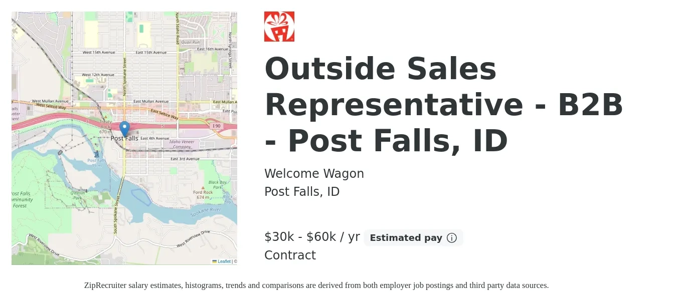 Welcome Wagon job posting for a Outside Sales Representative - B2B - Post Falls, ID in Post Falls, ID with a salary of $30,000 to $60,000 Yearly with a map of Post Falls location.