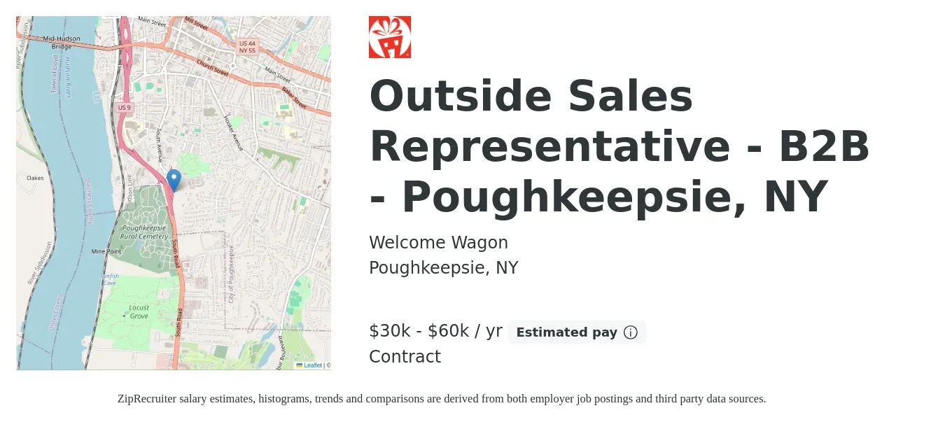Welcome Wagon job posting for a Outside Sales Representative - B2B - Poughkeepsie, NY in Poughkeepsie, NY with a salary of $30,000 to $60,000 Yearly with a map of Poughkeepsie location.