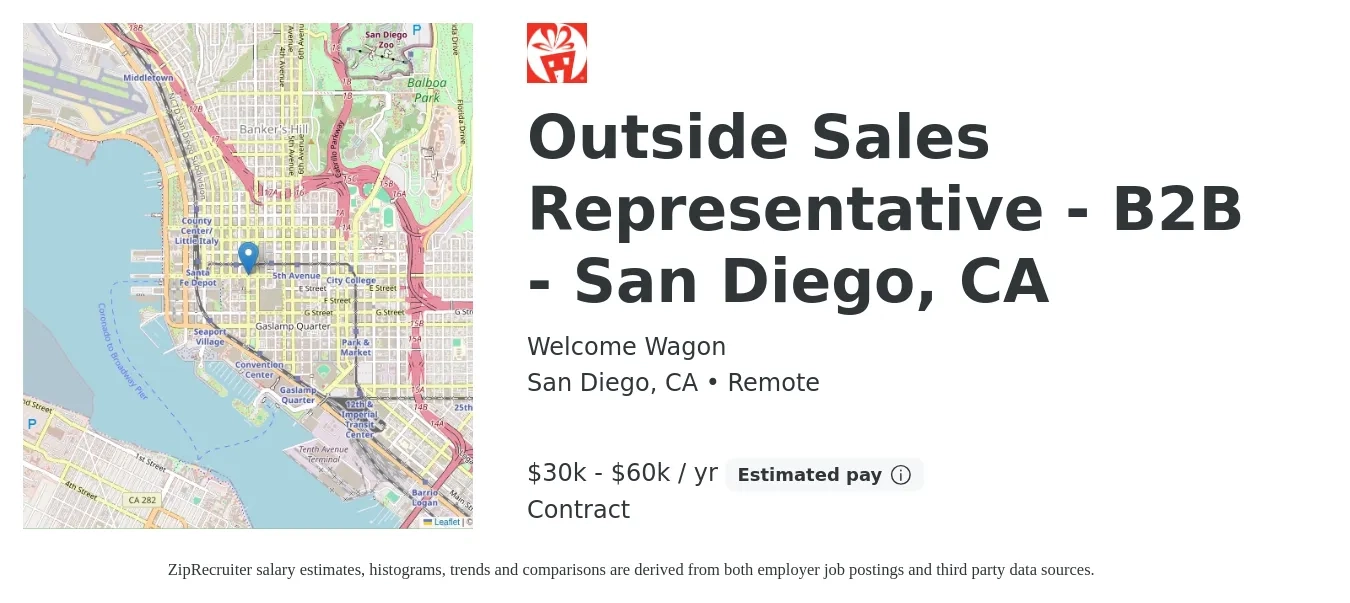 Welcome Wagon job posting for a Outside Sales Representative - B2B - San Diego, CA in San Diego, CA with a salary of $30,000 to $60,000 Yearly with a map of San Diego location.