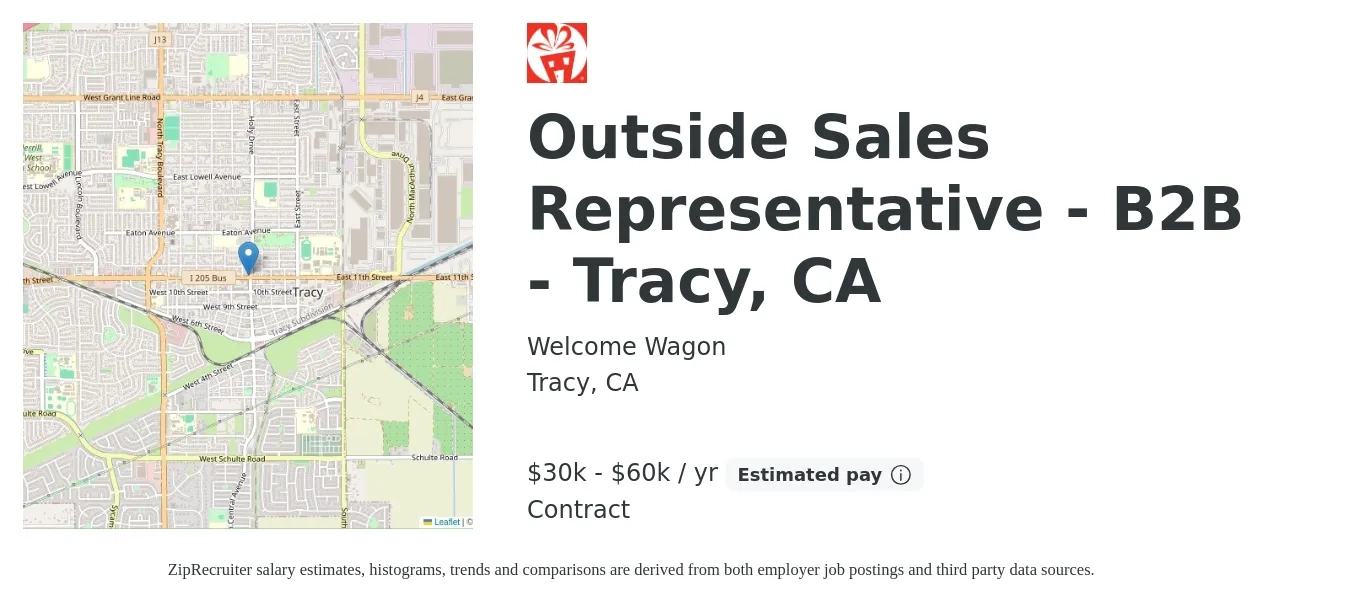 Welcome Wagon job posting for a Outside Sales Representative - B2B - Tracy, CA in Tracy, CA with a salary of $30,000 to $60,000 Yearly with a map of Tracy location.