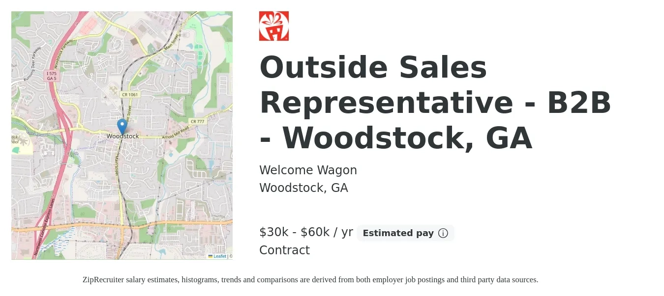 Welcome Wagon job posting for a Outside Sales Representative - B2B - Woodstock, GA in Woodstock, GA with a salary of $30,000 to $60,000 Yearly with a map of Woodstock location.