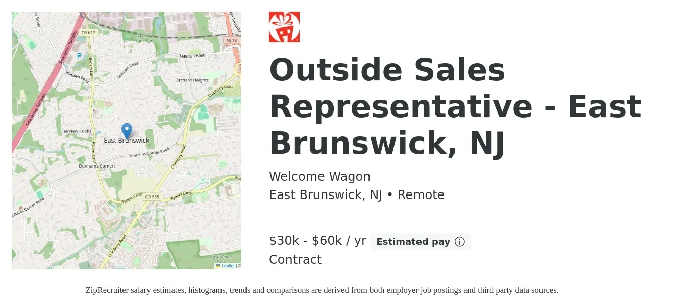 Welcome Wagon job posting for a Outside Sales Representative - East Brunswick, NJ in East Brunswick, NJ with a salary of $30,000 to $60,000 Yearly with a map of East Brunswick location.