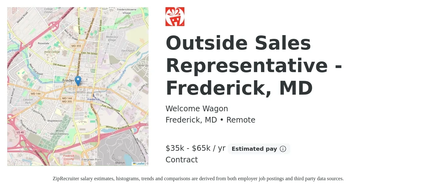 Welcome Wagon job posting for a Outside Sales Representative - Frederick, MD in Frederick, MD with a salary of $35,000 to $65,000 Yearly with a map of Frederick location.