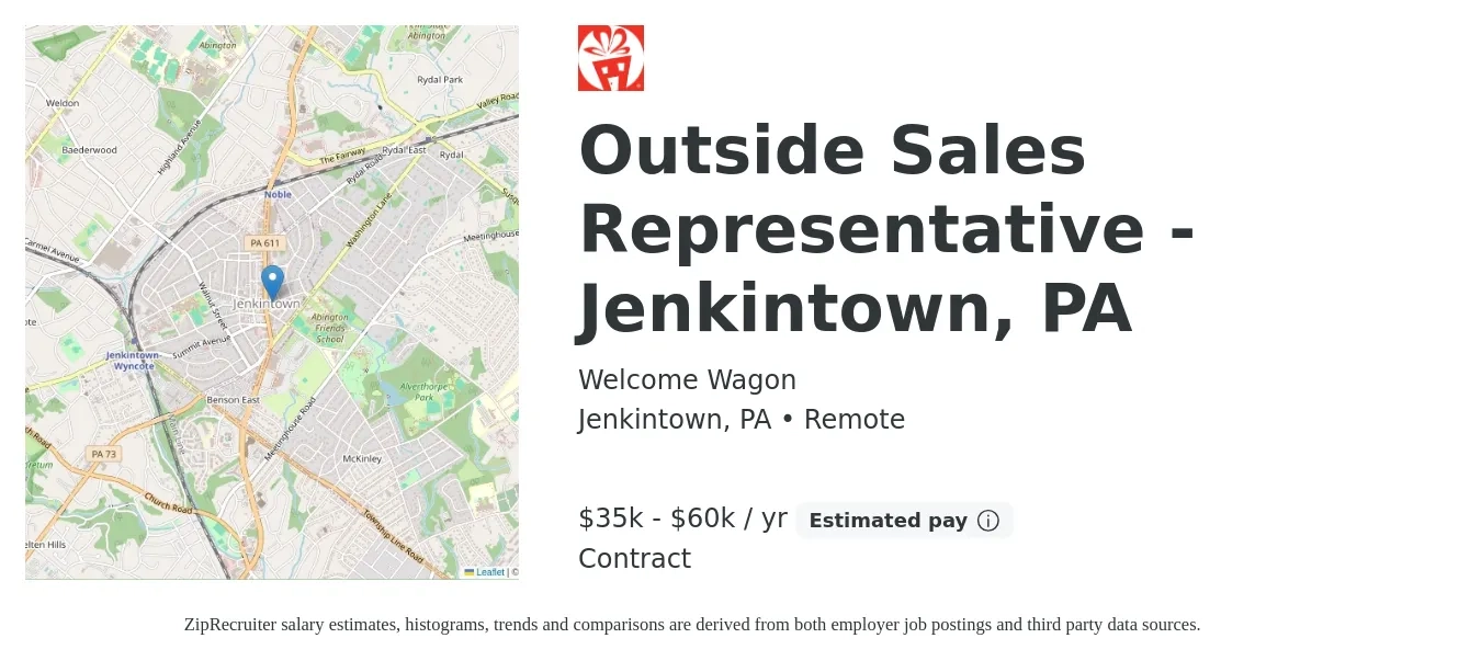 Welcome Wagon job posting for a Outside Sales Representative - Jenkintown, PA in Jenkintown, PA with a salary of $35,000 to $60,000 Yearly with a map of Jenkintown location.