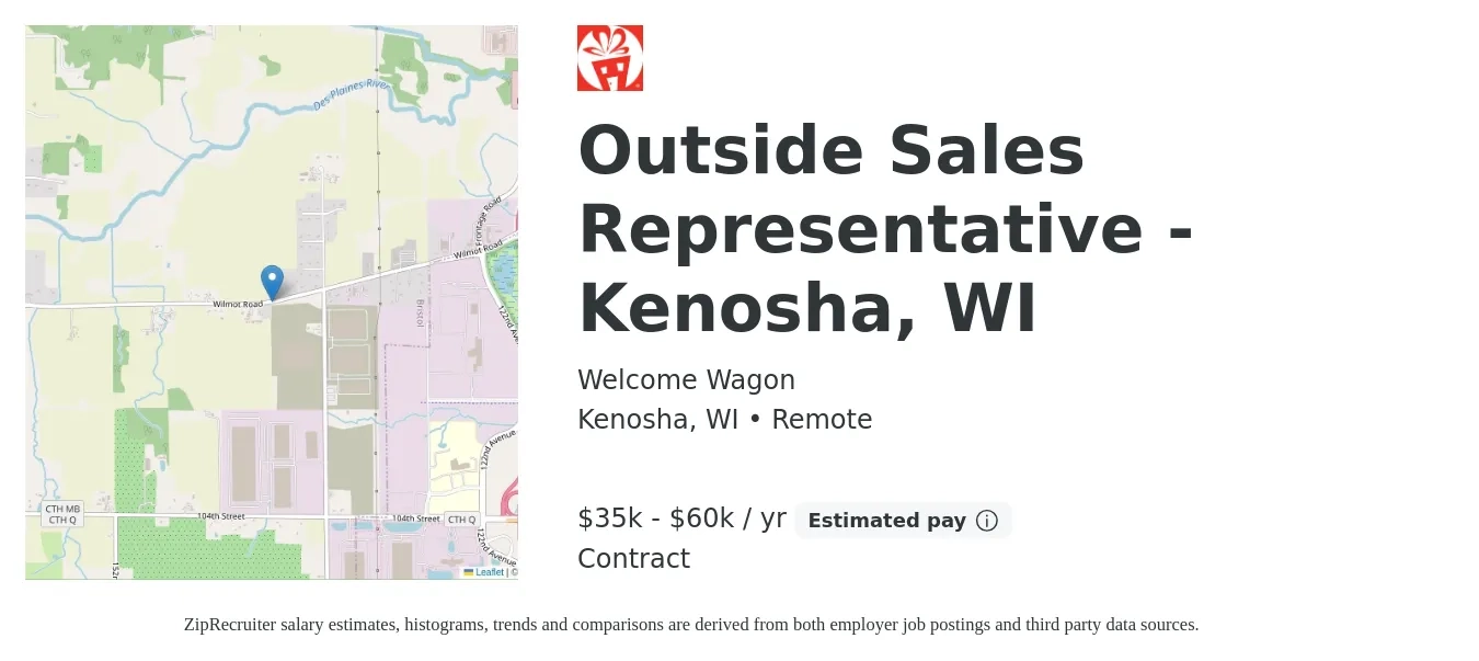 Welcome Wagon job posting for a Outside Sales Representative - Kenosha, WI in Kenosha, WI with a salary of $35,000 to $60,000 Yearly with a map of Kenosha location.