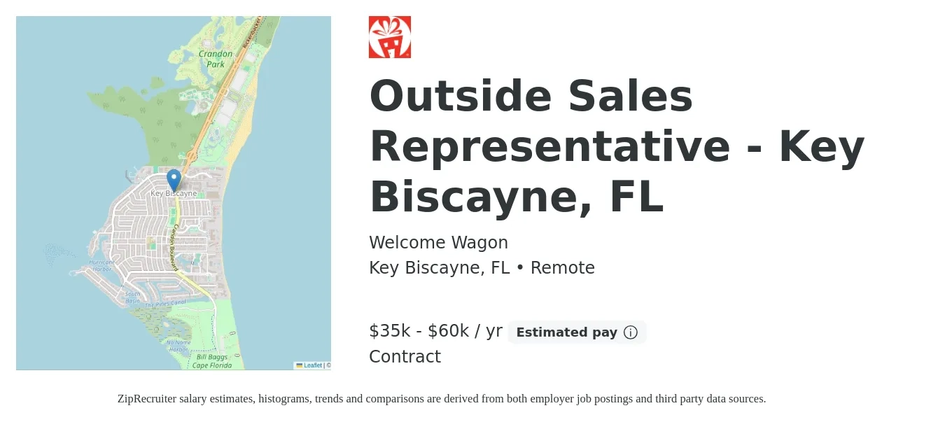 Welcome Wagon job posting for a Outside Sales Representative - Key Biscayne, FL in Key Biscayne, FL with a salary of $35,000 to $60,000 Yearly with a map of Key Biscayne location.