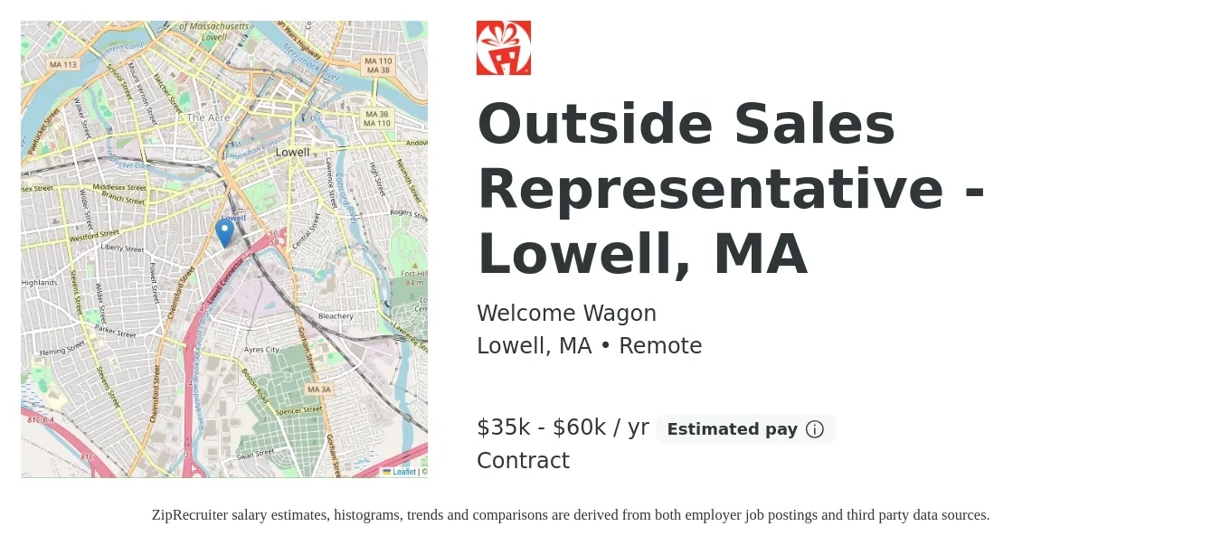 Welcome Wagon job posting for a Outside Sales Representative - Lowell, MA in Lowell, MA with a salary of $35,000 to $60,000 Yearly with a map of Lowell location.