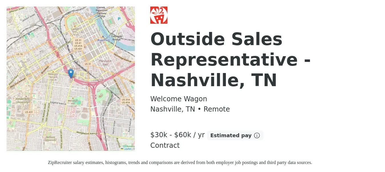 Welcome Wagon job posting for a Outside Sales Representative - Nashville, TN in Nashville, TN with a salary of $30,000 to $60,000 Yearly with a map of Nashville location.