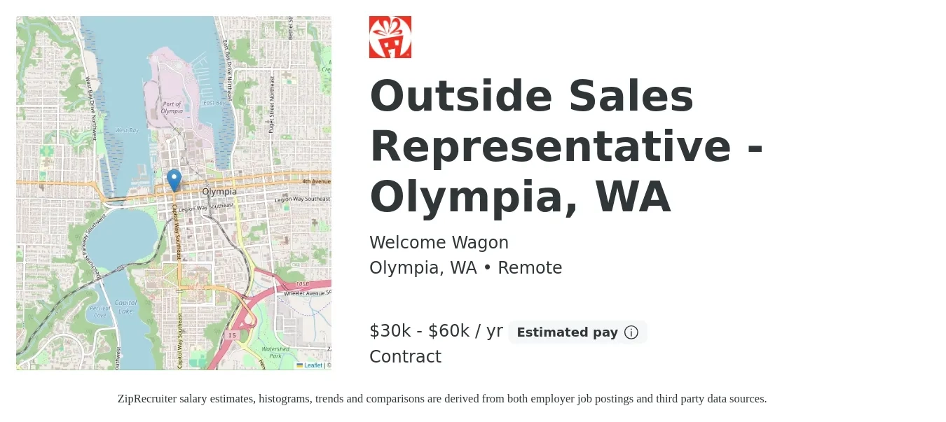 Welcome Wagon job posting for a Outside Sales Representative - Olympia, WA in Olympia, WA with a salary of $30,000 to $60,000 Yearly with a map of Olympia location.