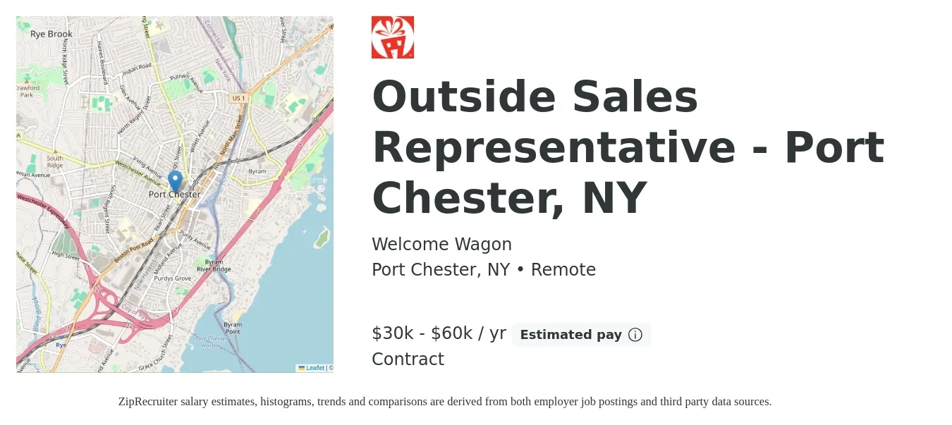 Welcome Wagon job posting for a Outside Sales Representative - Port Chester, NY in Port Chester, NY with a salary of $30,000 to $60,000 Yearly with a map of Port Chester location.