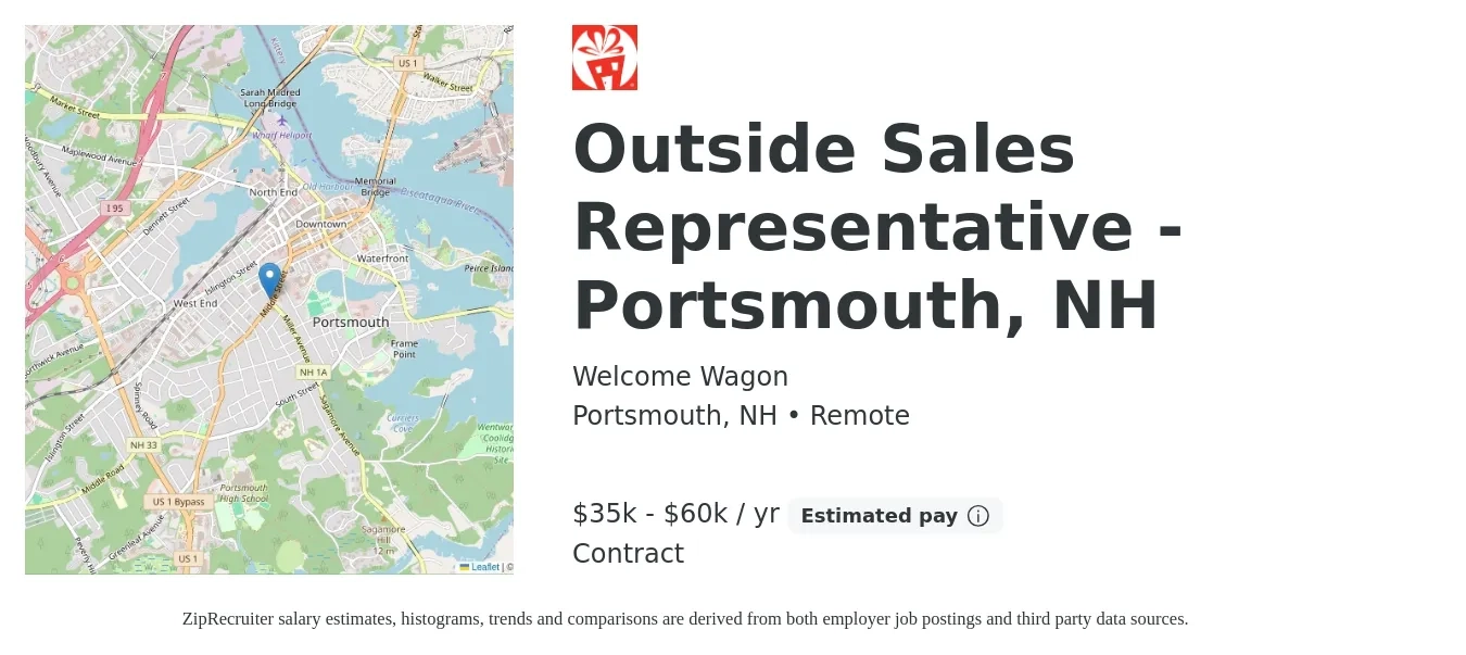 Welcome Wagon job posting for a Outside Sales Representative - Portsmouth, NH in Portsmouth, NH with a salary of $35,000 to $60,000 Yearly with a map of Portsmouth location.