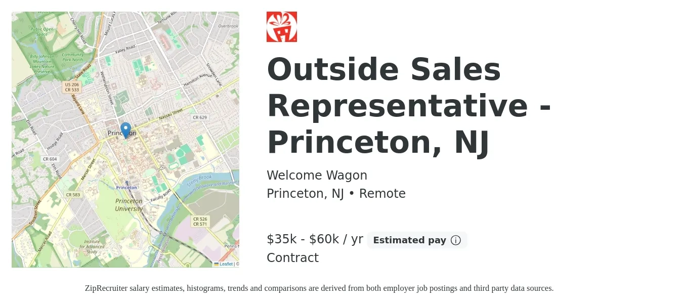 Welcome Wagon job posting for a Outside Sales Representative - Princeton, NJ in Princeton, NJ with a salary of $35,000 to $60,000 Yearly with a map of Princeton location.