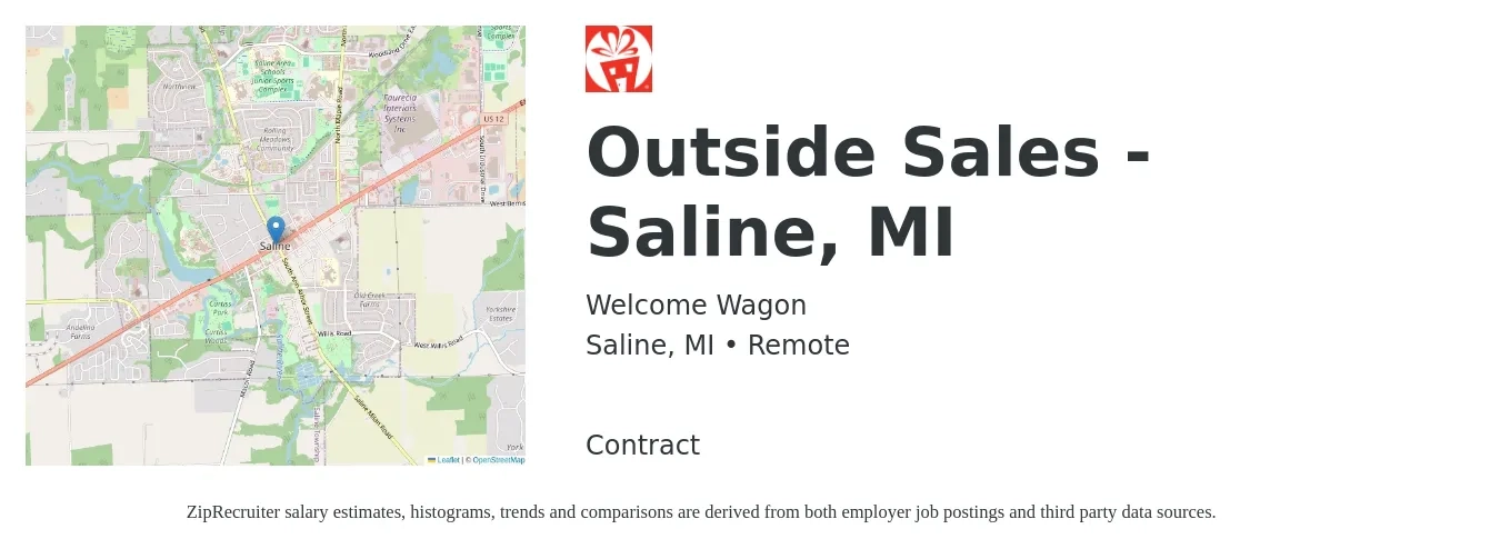 Welcome Wagon job posting for a Outside Sales - Saline, MI in Saline, MI with a salary of $40,000 to $60,000 Yearly with a map of Saline location.