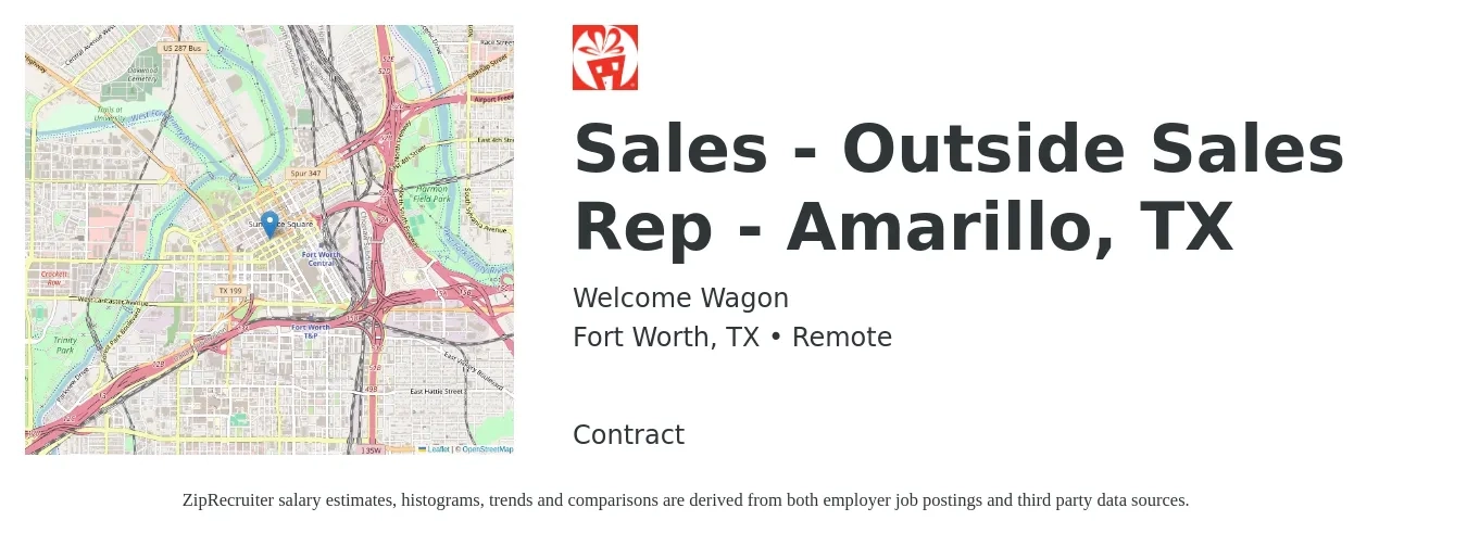 Welcome Wagon job posting for a Sales - Outside Sales Rep - Amarillo, TX in Fort Worth, TX with a salary of $40,000 to $60,000 Yearly with a map of Fort Worth location.