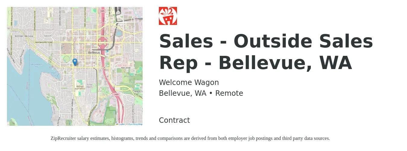 Welcome Wagon job posting for a Sales - Outside Sales Rep - Bellevue, WA in Bellevue, WA with a salary of $40,000 to $60,000 Yearly with a map of Bellevue location.