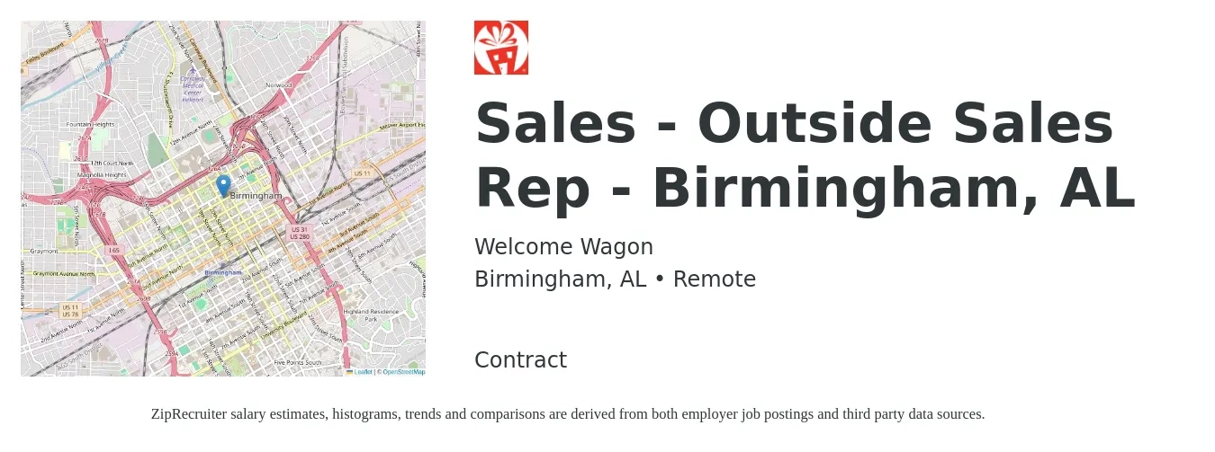 Welcome Wagon job posting for a Sales - Outside Sales Rep - Birmingham, AL in Birmingham, AL with a salary of $40,000 to $60,000 Yearly with a map of Birmingham location.