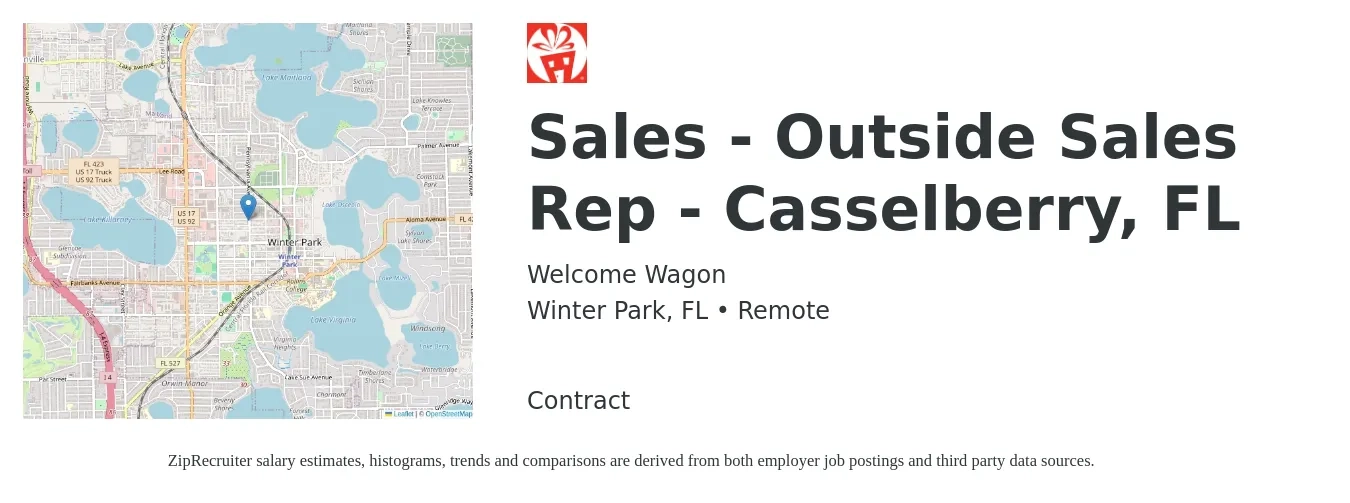 Welcome Wagon job posting for a Sales - Outside Sales Rep - Casselberry, FL in Winter Park, FL with a salary of $40,000 to $60,000 Yearly with a map of Winter Park location.