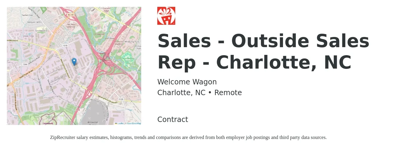 Welcome Wagon job posting for a Sales - Outside Sales Rep - Charlotte, NC in Charlotte, NC with a salary of $40,000 to $60,000 Yearly with a map of Charlotte location.