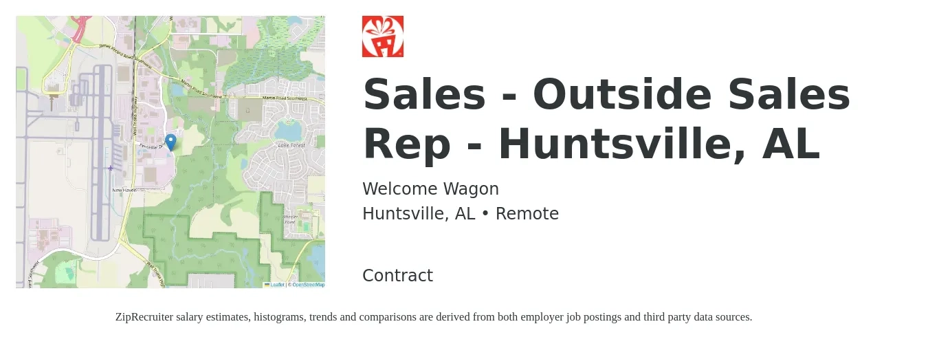 Welcome Wagon job posting for a Sales - Outside Sales Rep - Huntsville, AL in Huntsville, AL with a salary of $40,000 to $60,000 Yearly with a map of Huntsville location.