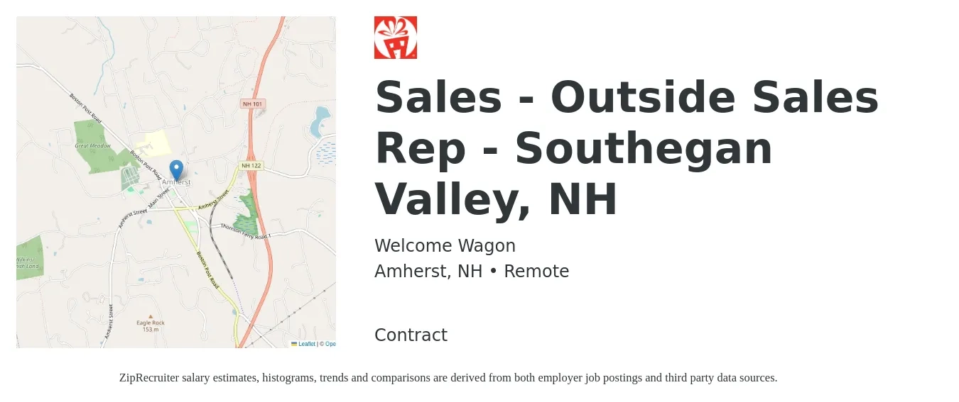 Welcome Wagon job posting for a Sales - Outside Sales Rep - Southegan Valley, NH in Amherst, NH with a salary of $40,000 to $60,000 Yearly with a map of Amherst location.