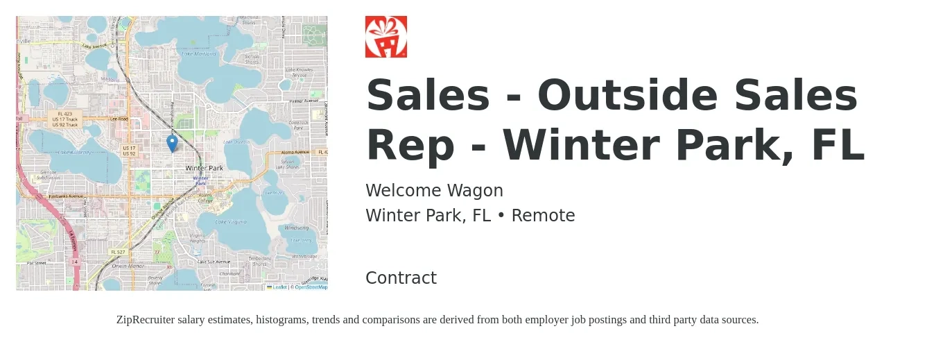 Welcome Wagon job posting for a Sales - Outside Sales Rep - Winter Park, FL in Winter Park, FL with a salary of $40,000 to $60,000 Yearly with a map of Winter Park location.