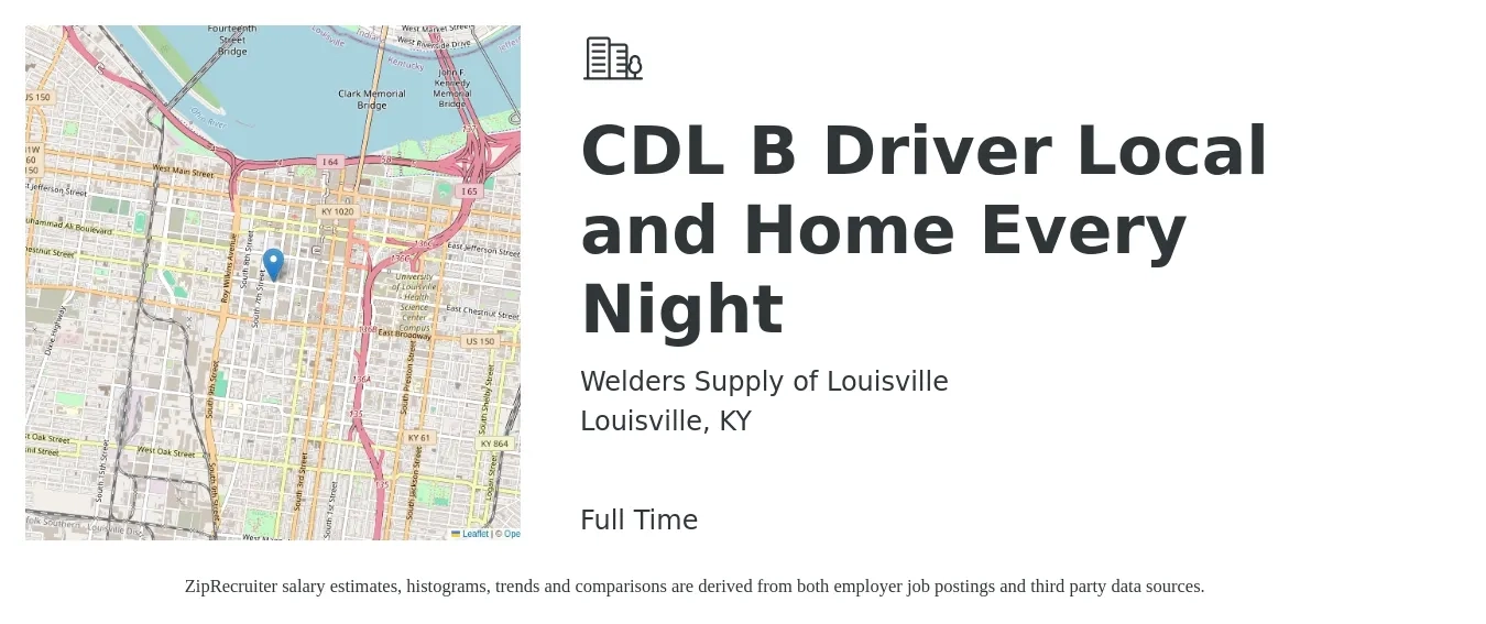 Welders Supply of Louisville job posting for a CDL B Driver Local and Home Every Night in Louisville, KY with a salary of $23 to $39 Hourly with a map of Louisville location.