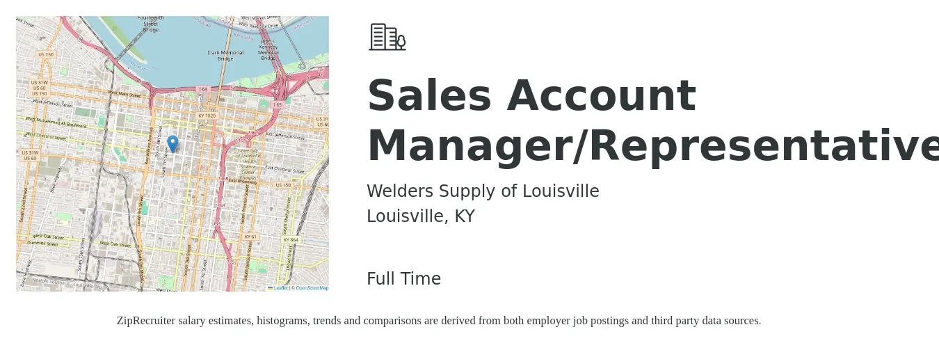 Welders Supply of Louisville job posting for a Sales Account Manager/Representative in Louisville, KY with a salary of $46,200 to $73,200 Yearly with a map of Louisville location.