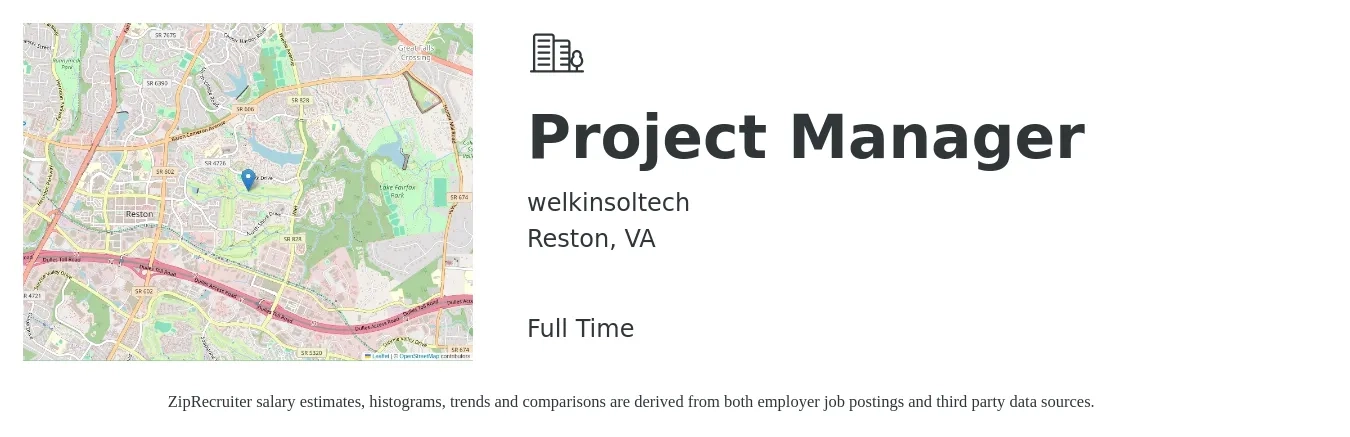 welkinsoltech job posting for a Project Manager in Reston, VA with a salary of $81,700 to $128,000 Yearly with a map of Reston location.