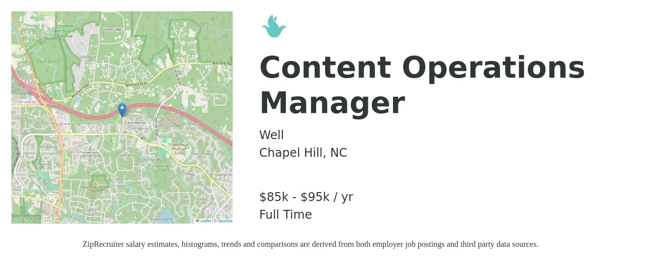 Well job posting for a Content Operations Manager in Chapel Hill, NC with a salary of $85,000 to $95,000 Yearly with a map of Chapel Hill location.