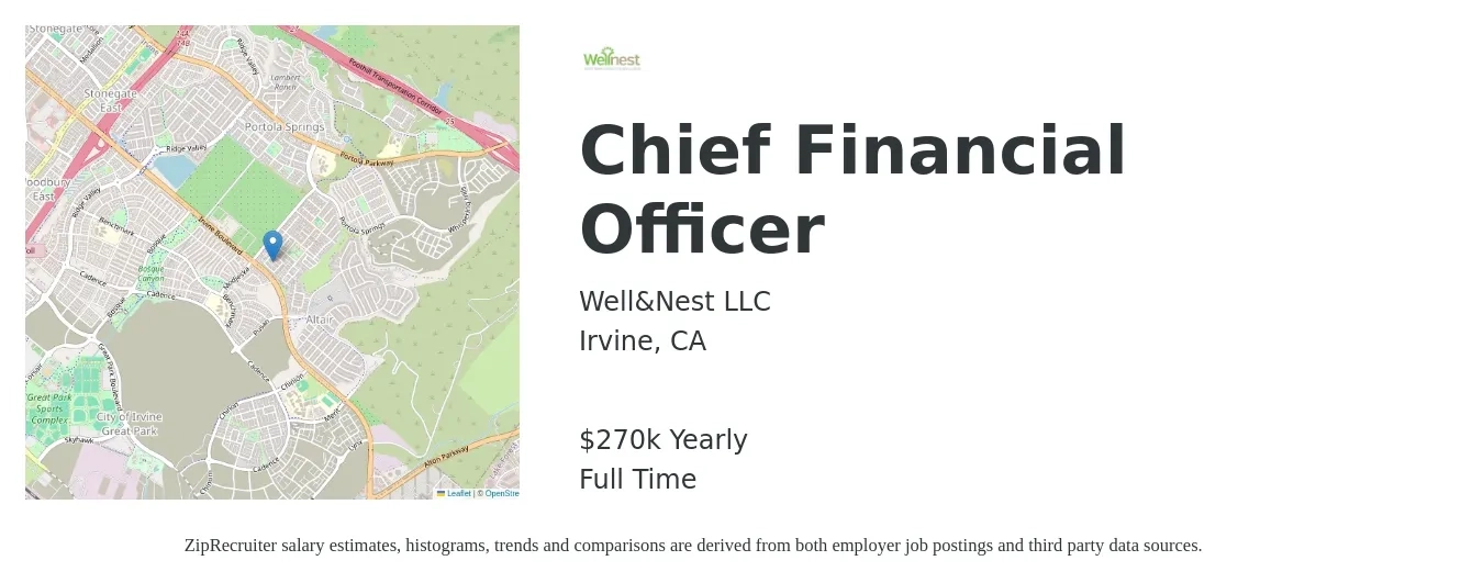 Well&Nest LLC job posting for a Chief Financial Officer in Irvine, CA with a salary of $270,000 Yearly with a map of Irvine location.