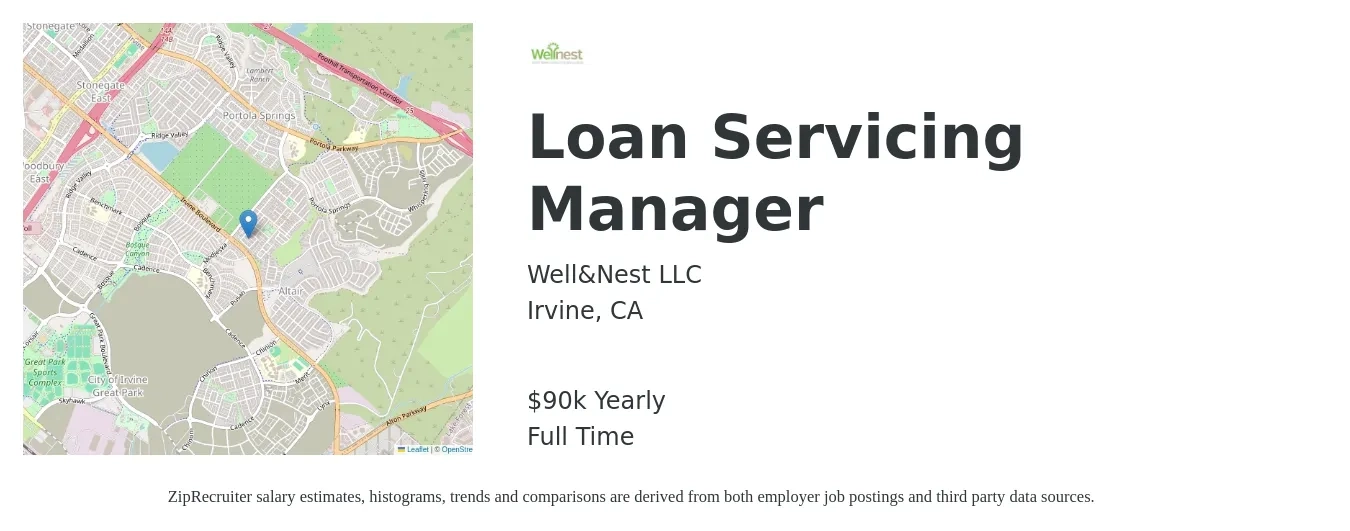 Well&Nest LLC job posting for a Loan Servicing Manager in Irvine, CA with a salary of $90,000 Yearly with a map of Irvine location.