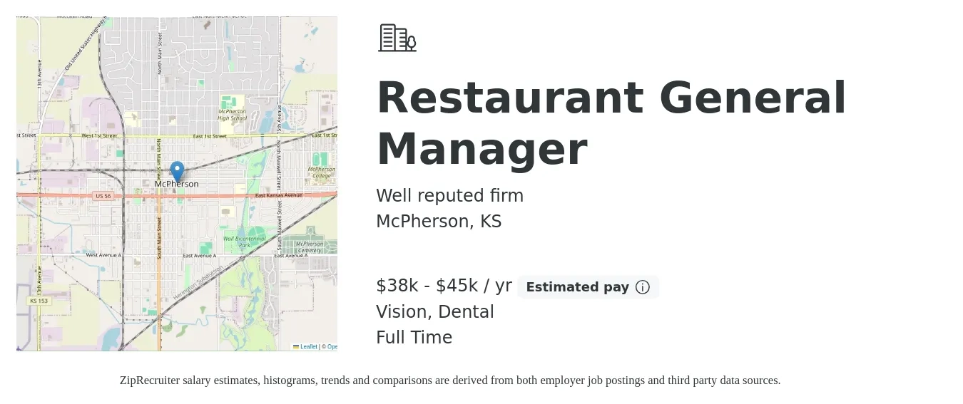 Well reputed firm job posting for a Restaurant General Manager in McPherson, KS with a salary of $38,000 to $45,000 Yearly and benefits including retirement, vision, and dental with a map of McPherson location.