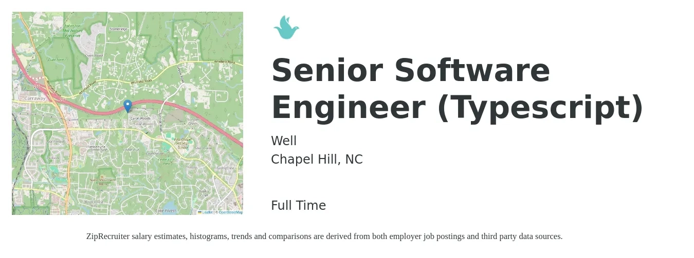 Well job posting for a Senior Software Engineer (Typescript) in Chapel Hill, NC with a salary of $104,300 to $137,400 Yearly with a map of Chapel Hill location.