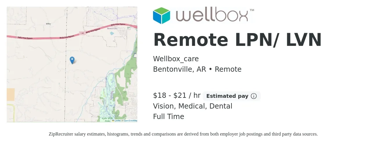 Wellbox_care job posting for a Remote LPN/ LVN in Bentonville, AR with a salary of $19 to $22 Hourly and benefits including dental, life_insurance, medical, pto, retirement, and vision with a map of Bentonville location.
