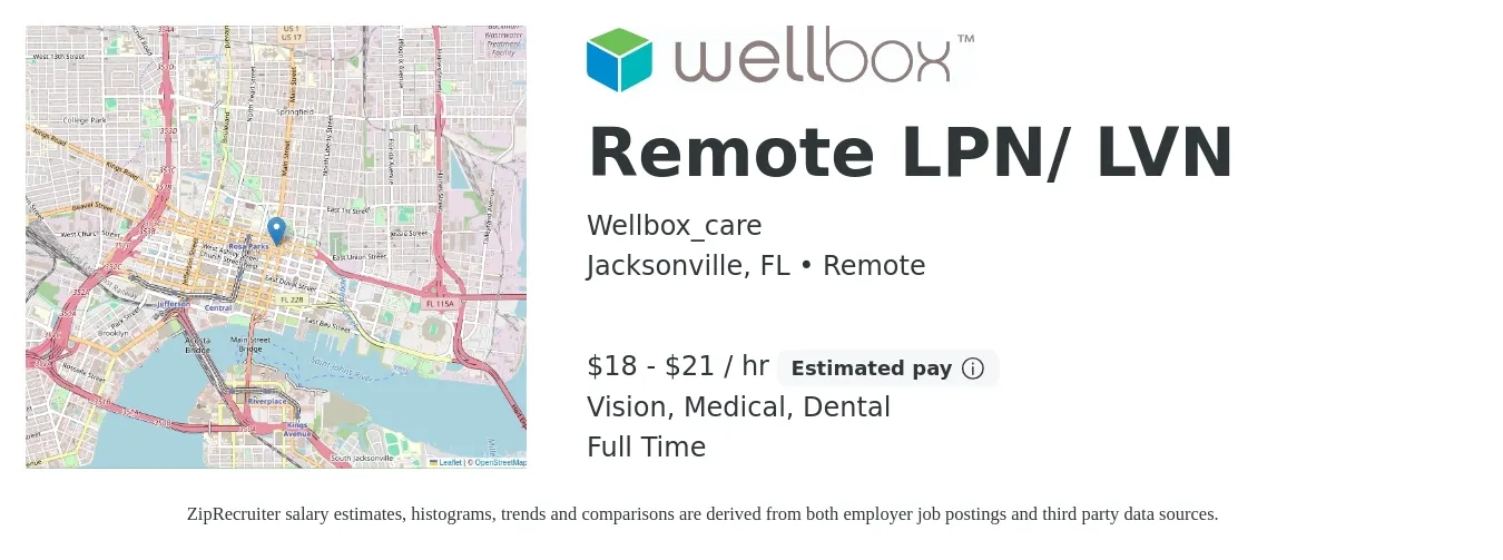 Wellbox_care job posting for a Remote LPN/ LVN in Jacksonville, FL with a salary of $19 to $22 Hourly (plus commission) and benefits including dental, life_insurance, medical, pto, retirement, and vision with a map of Jacksonville location.