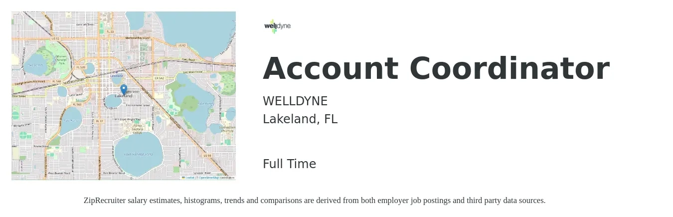 WELLDYNE job posting for a Account Coordinator in Lakeland, FL with a salary of $18 to $24 Hourly with a map of Lakeland location.