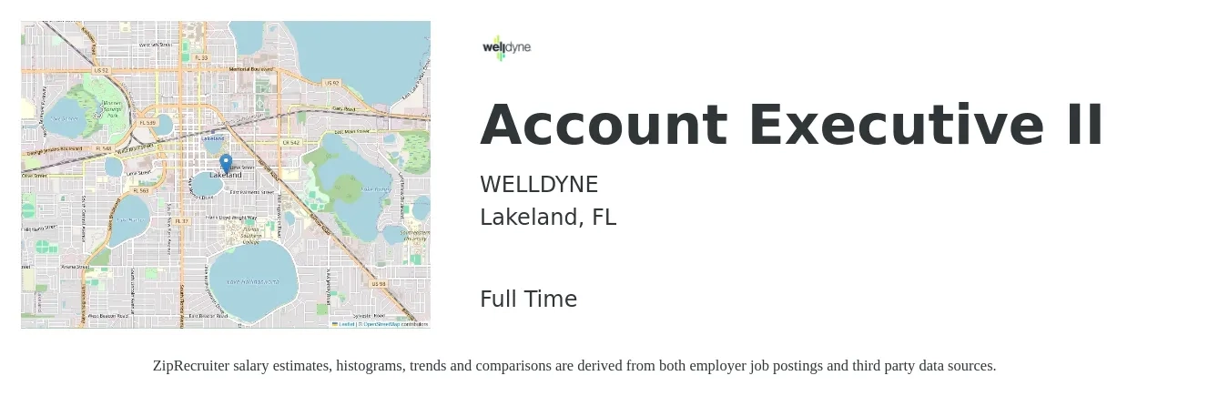 WELLDYNE job posting for a Account Executive II in Lakeland, FL with a salary of $50,200 to $88,300 Yearly with a map of Lakeland location.