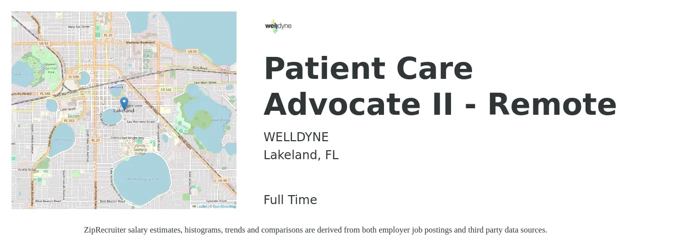 WELLDYNE job posting for a Patient Care Advocate II - Remote in Lakeland, FL with a salary of $16 to $21 Hourly with a map of Lakeland location.